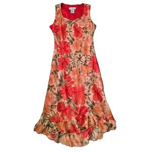 Dressbarn Sz 8 Vintage Pink Orange Floral Tropical Beachy Flutter Hem Midi Dress
